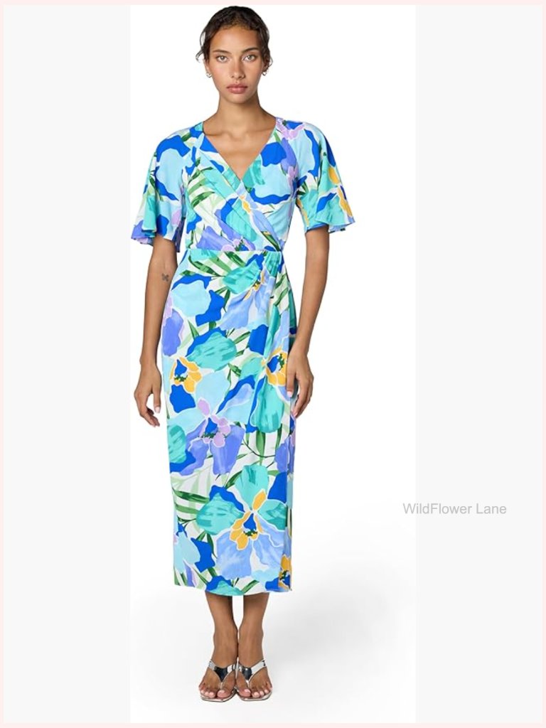 Short Flutter Sleeve Faux Wrap Midi Dress Sheath V-Neck Machine Wash
